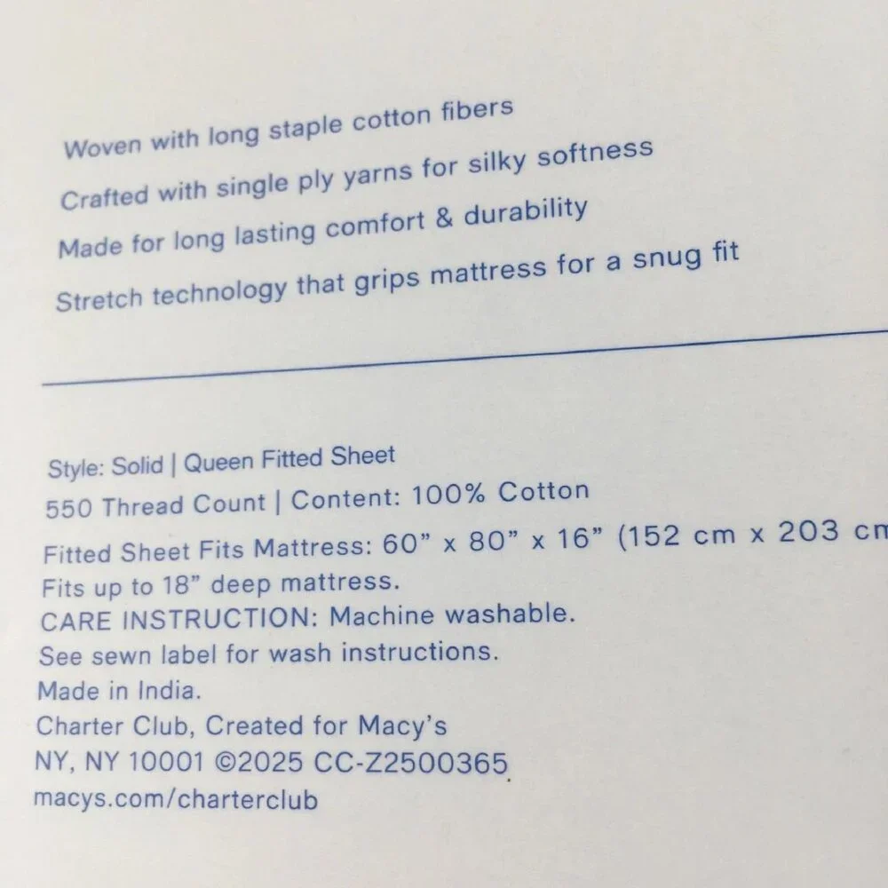 new SOLID WHITE Charter Club 550 TC 100% Cotton 18” Deep Queen Fitted Sheet